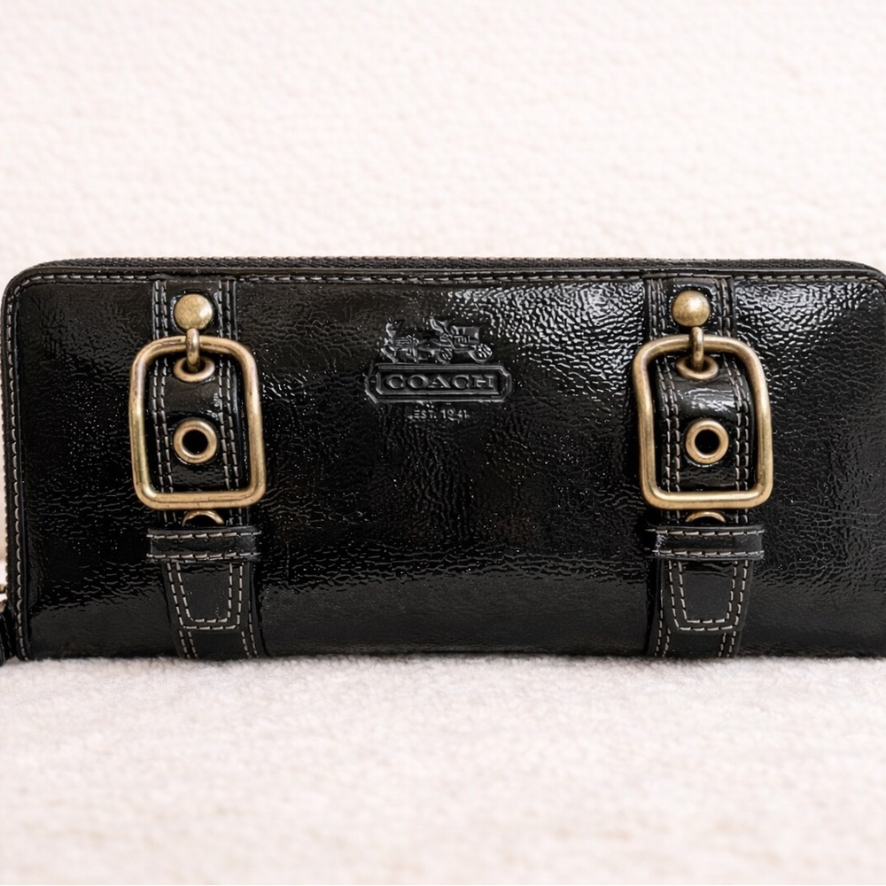Coach Black Patent Leather Zip-Around Wallet with Brass Buckle Accents - Picture 8 of 8